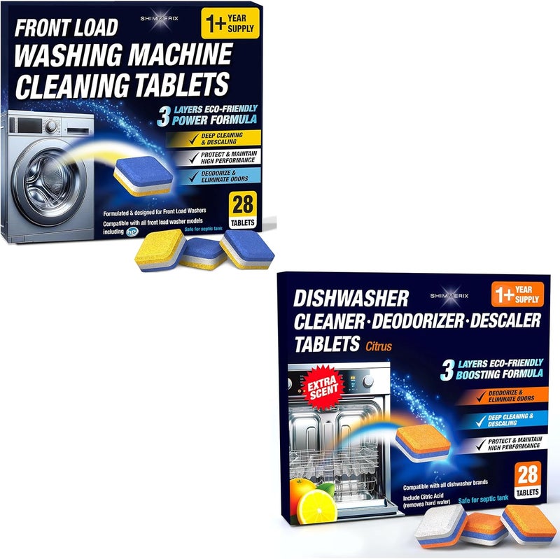 SHIMMERIX Washing Machine Cleaner Tablets Front Loader 28 Pack & Dishwasher Cleaner Deodorizer Descaler Tablets 28 Pack Bundle - 1 Plus Year Supply - Septic Safe Eco Friendly Formula - Image 1